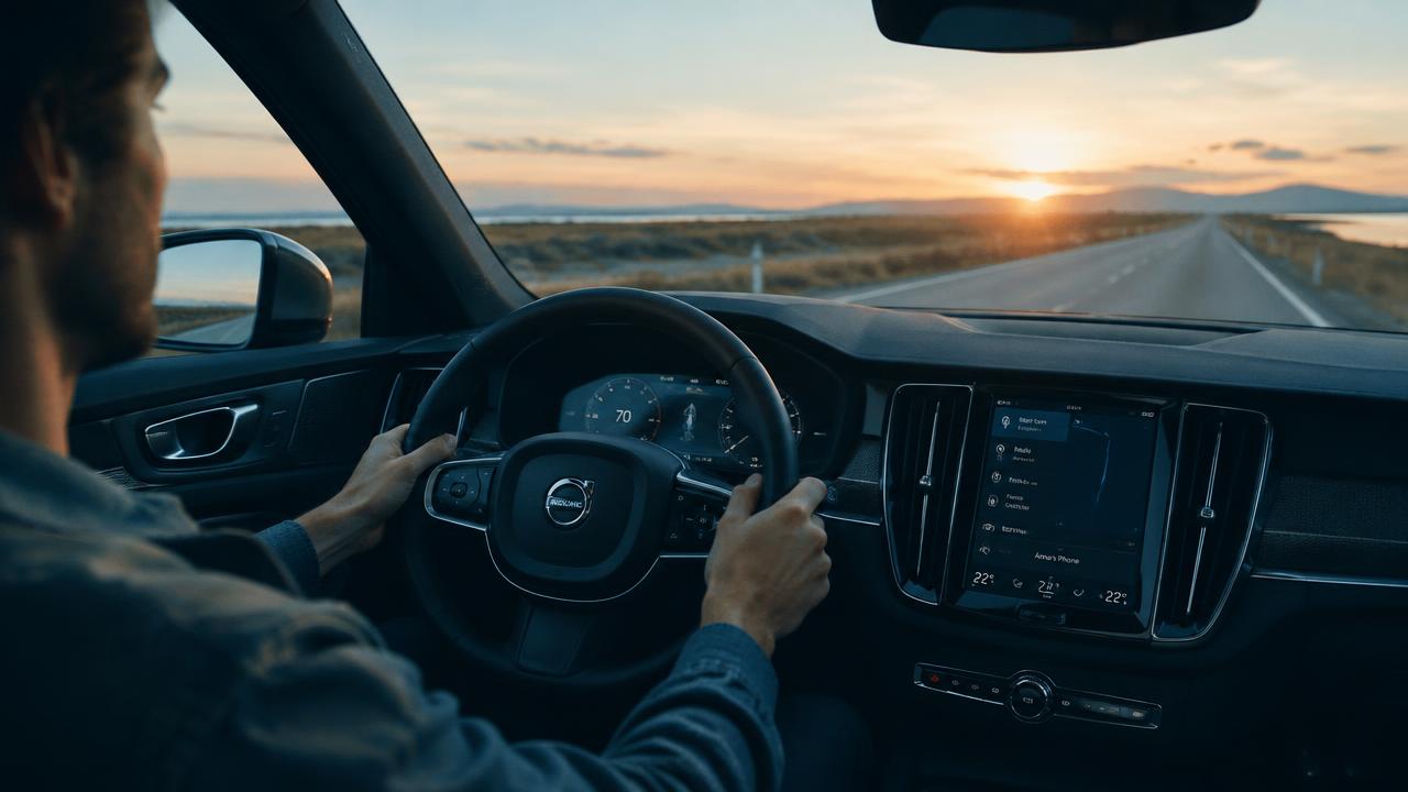 Motorista tranquilo ao volante em uma estrada ao pôr do sol
