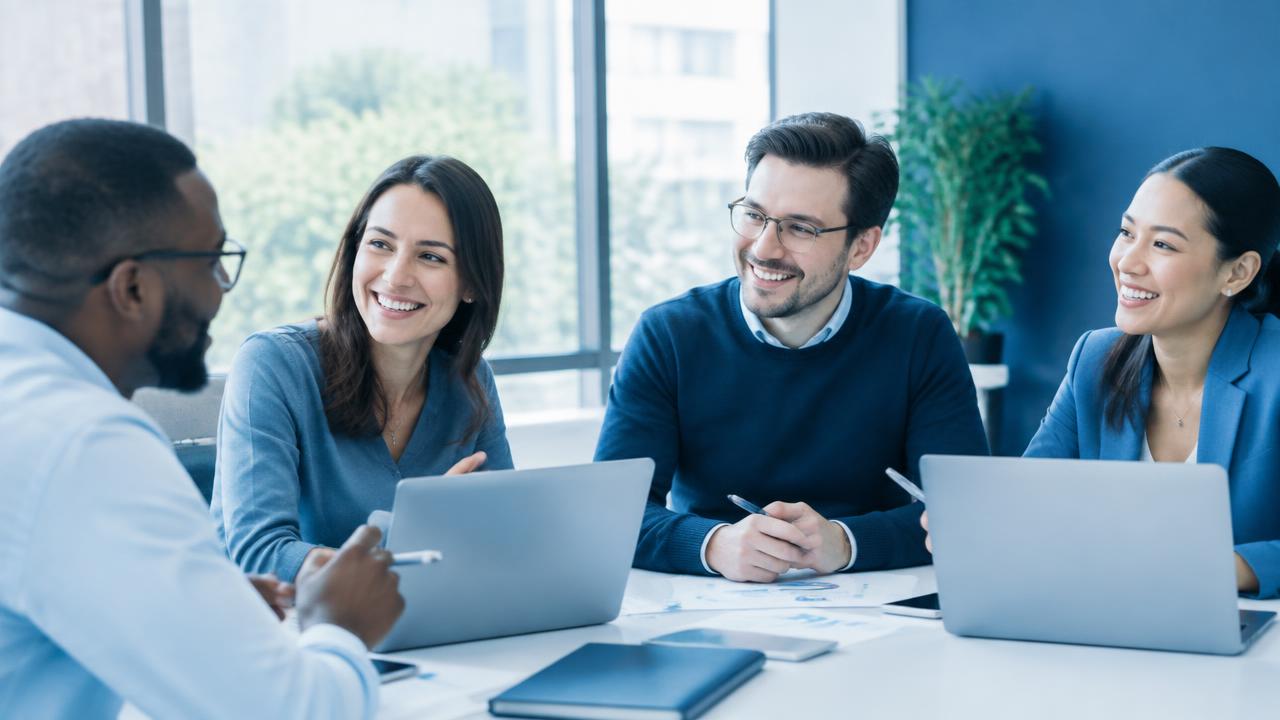 Equipe de pequena empresa reunida e sorrindo em uma reunião