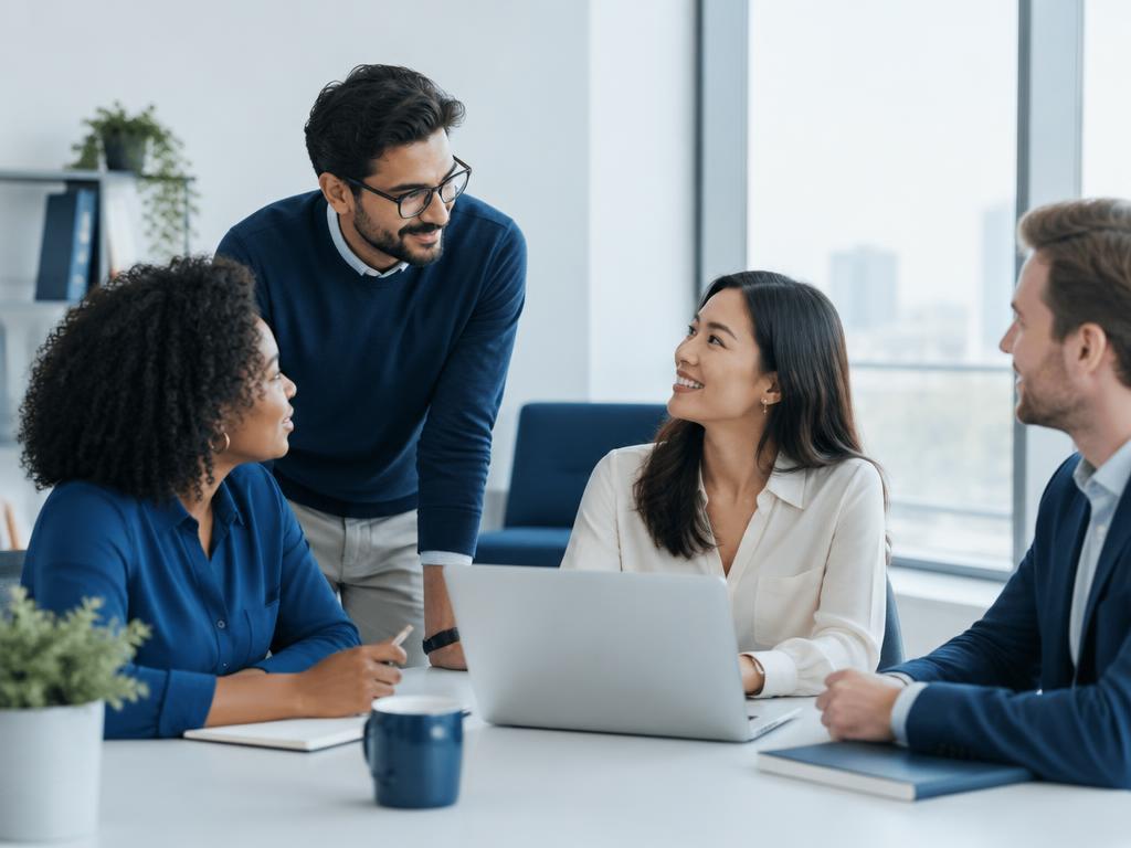 Equipe de uma pequena empresa trabalhando junta em um escritório claro