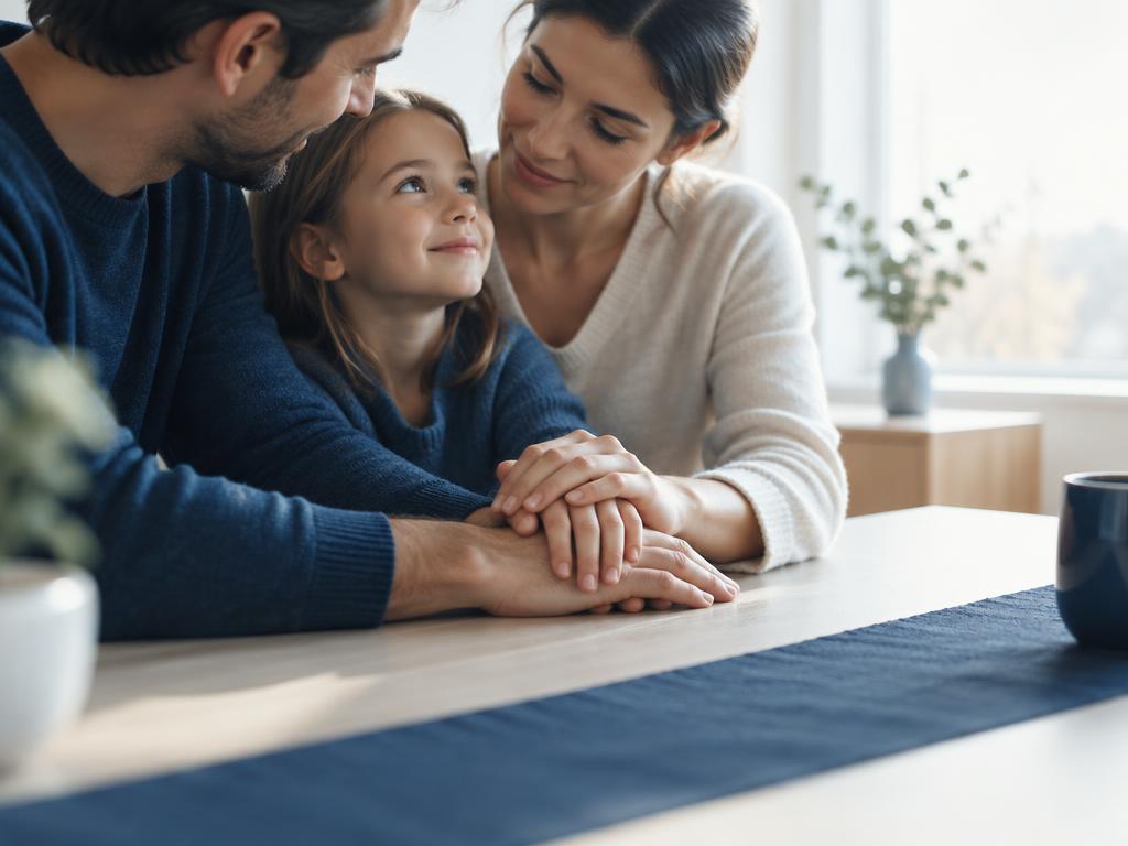 Mãos de uma família unidas sobre a mesa