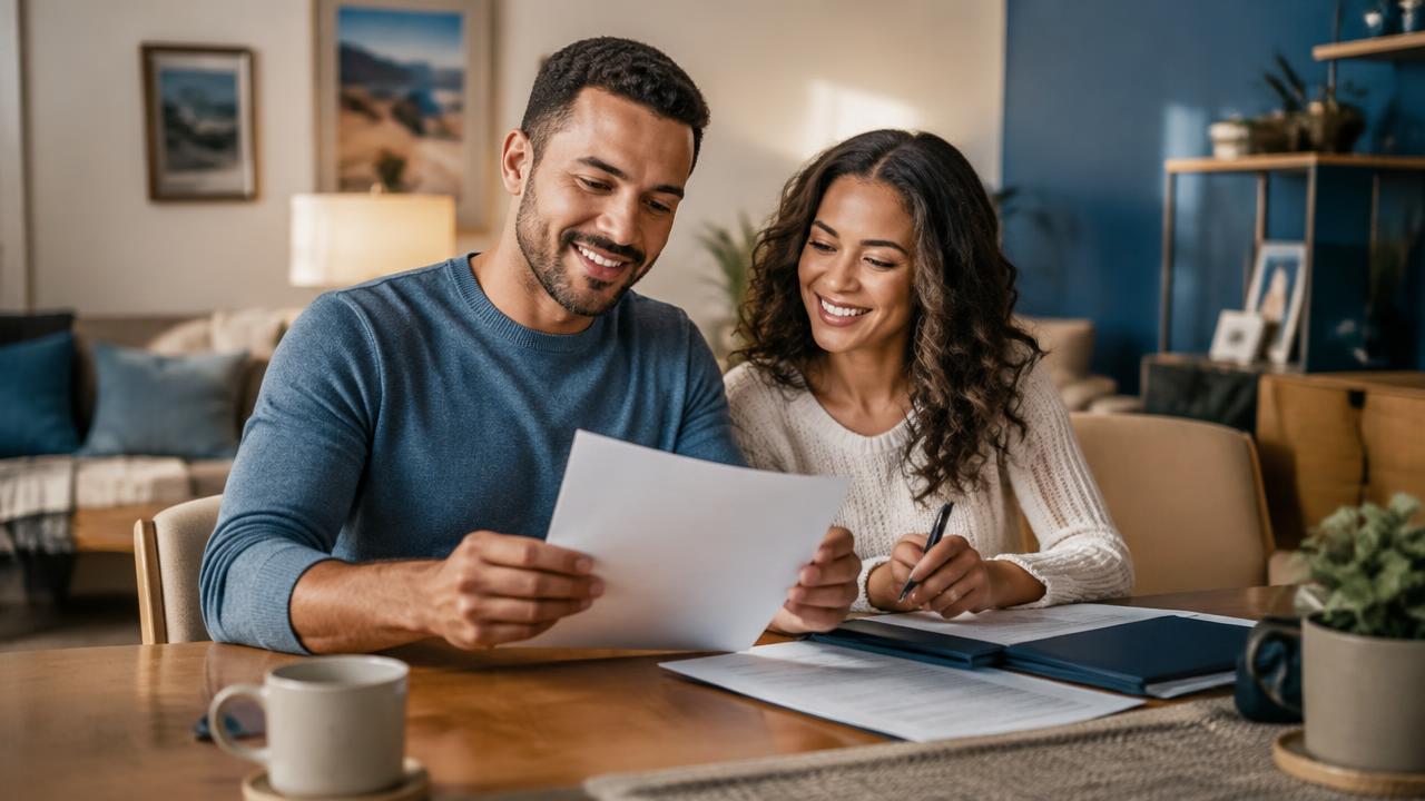 Casal revisando documentos financeiros em casa